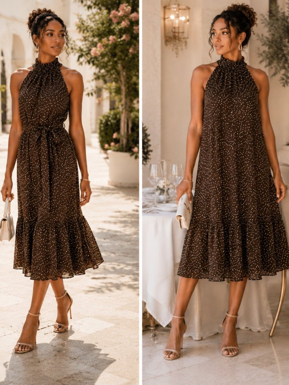 Just Taylor Black Polka Dot Halter Midi Dress Belted Size L